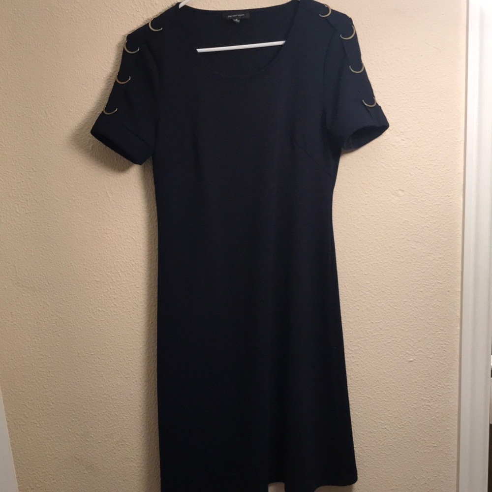 Navy dress with gold shoulder detail